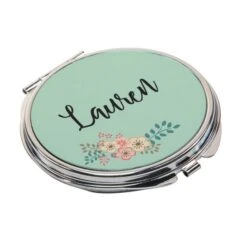 Personalised Green Floral Compact Mirror -PERSONALISE STORE 4003688 2