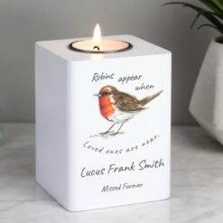 Personalised Robins Appear White Wooden Tea Light Holder -PERSONALISE STORE 4005074 2