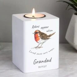 Personalised Robins Appear White Wooden Tea Light Holder -PERSONALISE STORE 4005074 3