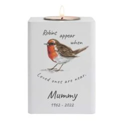 Personalised Robins Appear White Wooden Tea Light Holder -PERSONALISE STORE 4005074 4
