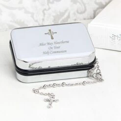 Personalised Rosary Beads And Cross Trinket Box