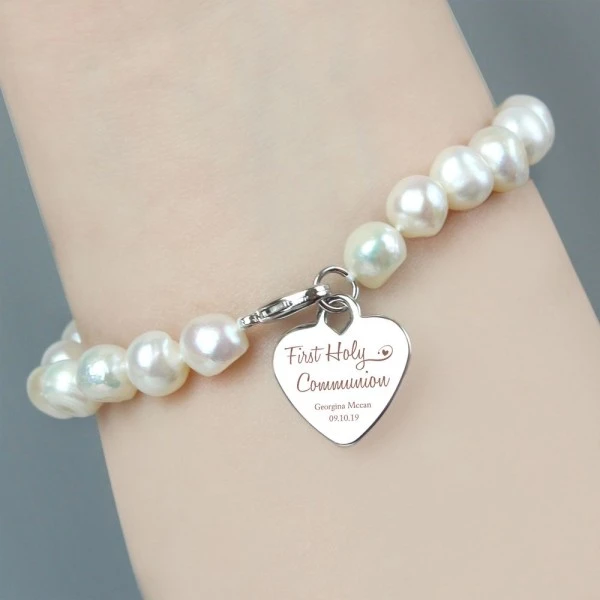 Personalised First Holy Communion Swirls & Hearts White Freshwater Pearl Bracelet 1 Personalised First Holy Communion Swirls & Hearts White Freshwater Pearl Bracelet