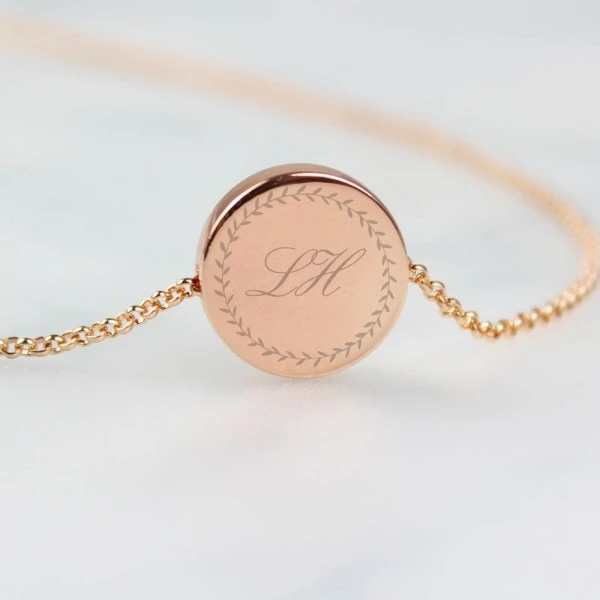 Personalised Wreath Initials Rose Gold Tone Disc Necklace 1 Personalised Wreath Initials Rose Gold Tone Disc Necklace