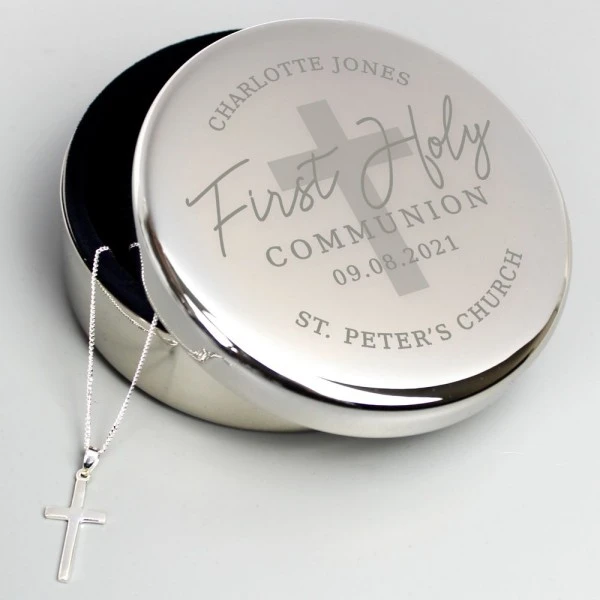 Personalised First Holy Communion Round Trinket Box & Cross Necklace Set 1 Personalised First Holy Communion Round Trinket Box & Cross Necklace Set