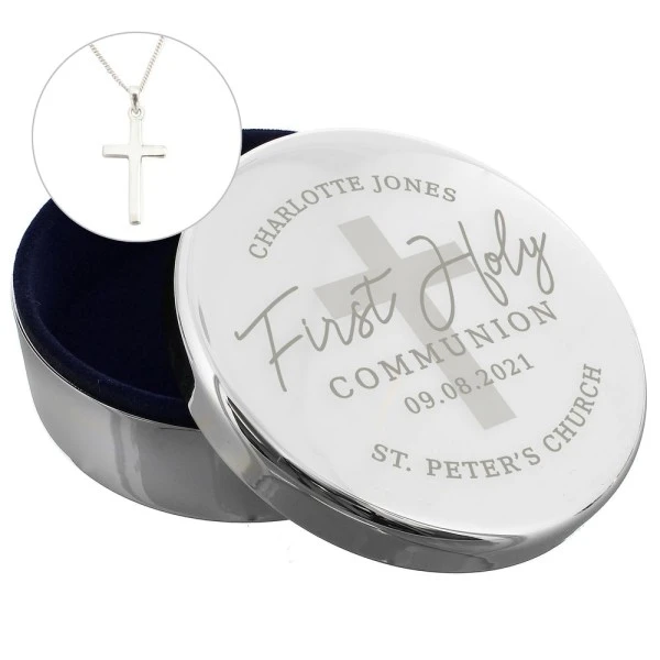 Personalised First Holy Communion Round Trinket Box & Cross Necklace Set 2 Personalised First Holy Communion Round Trinket Box & Cross Necklace Set - Image 2