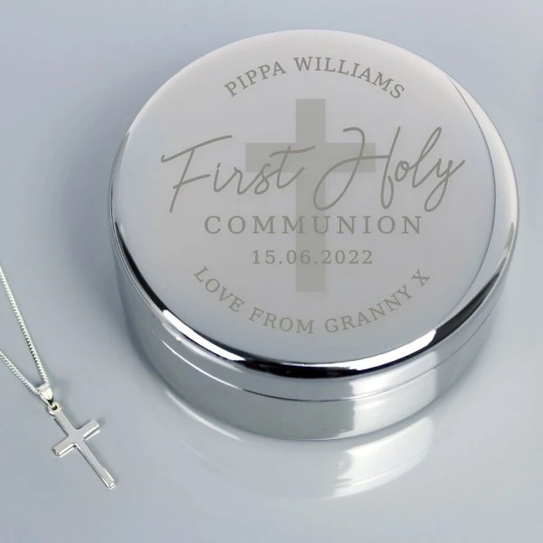 Personalised First Holy Communion Round Trinket Box & Cross Necklace Set 3 Personalised First Holy Communion Round Trinket Box & Cross Necklace Set - Image 3