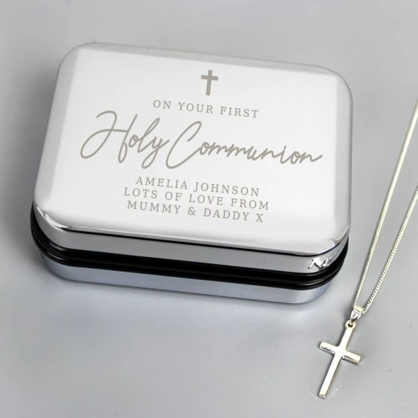 Personalised First Holy Communion Box & Cross Necklace Set 1 Personalised First Holy Communion Box & Cross Necklace Set