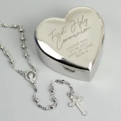 Personalised First Holy Communion Rosary Beads And Cross Heart Trinket Box