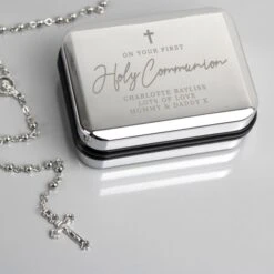 Personalised First Holy Communion Rosary Beads And Cross Trinket Box