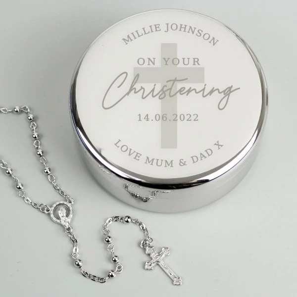 Personalised Christening Round Trinket Box & Rosary Beads Set 1 Personalised Christening Round Trinket Box & Rosary Beads Set
