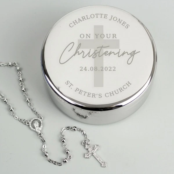 Personalised Christening Round Trinket Box & Rosary Beads Set 2 Personalised Christening Round Trinket Box & Rosary Beads Set - Image 2