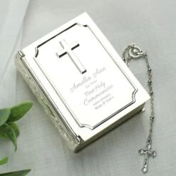 Personalised First Holy Communion Bible Trinket Box With Rosary Beads