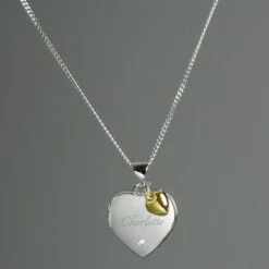 Personalised Sterling Silver Heart Locket Necklace With Diamond And 9ct Gold Charm