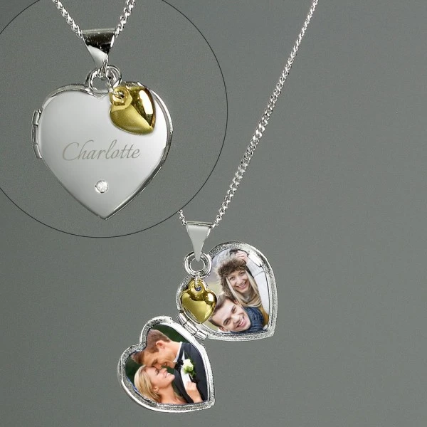 Personalised Sterling Silver Heart Locket Necklace With Diamond And 9ct Gold Charm 2 Personalised Sterling Silver Heart Locket Necklace With Diamond And 9ct Gold Charm - Image 2