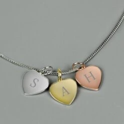Personalised Initials Gold Rose Gold And Silver 3 Hearts Necklace