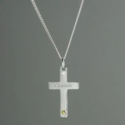 Personalised Sterling Silver Cross With 9ct Gold Heart & CZ Necklace