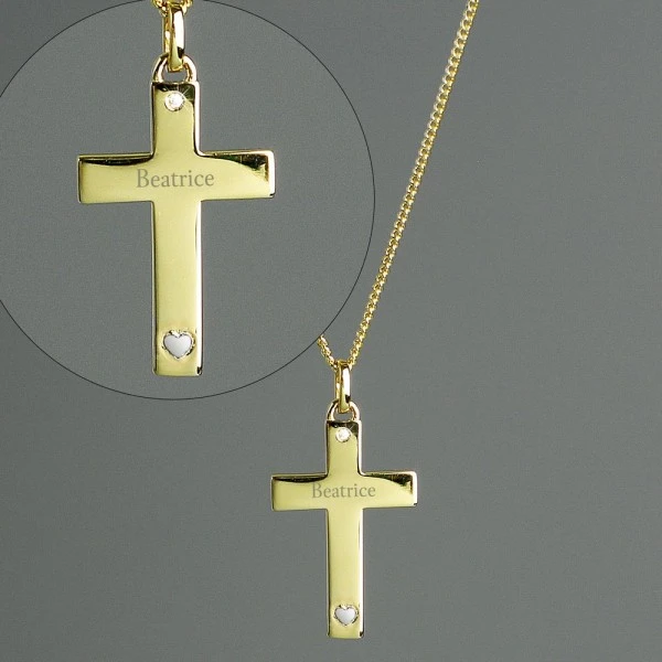 Personalised 9ct Gold Cross With Sterling Silver Heart & CZ Necklace 1 Personalised 9ct Gold Cross With Sterling Silver Heart & CZ Necklace