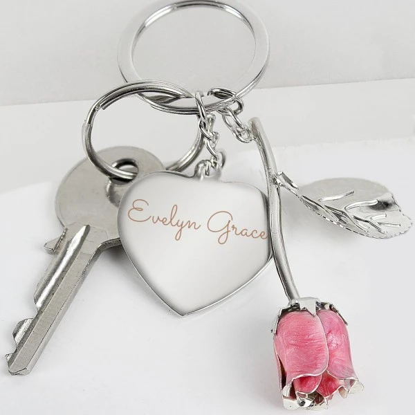 Personalised Silver Plated Name Pink Rose Keyring 3 Personalised Silver Plated Name Pink Rose Keyring - Image 3
