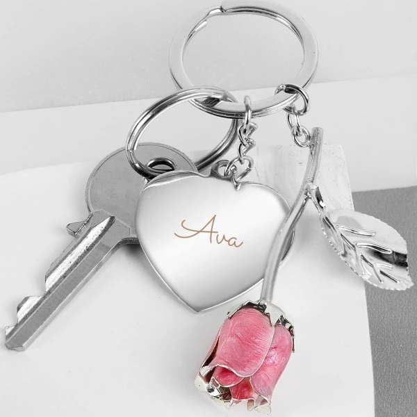 Personalised Silver Plated Name Pink Rose Keyring 4 Personalised Silver Plated Name Pink Rose Keyring - Image 4