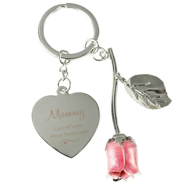 Personalised Silver Plated Swirls & Hearts Pink Rose Keyring 2 Personalised Silver Plated Swirls & Hearts Pink Rose Keyring - Image 2
