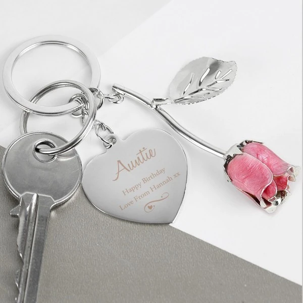 Personalised Silver Plated Swirls & Hearts Pink Rose Keyring 4 Personalised Silver Plated Swirls & Hearts Pink Rose Keyring - Image 4