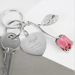 Personalised Silver Plated Swirls & Hearts Pink Rose Keyring 11 Personalised Silver Plated Swirls & Hearts Pink Rose Keyring -PERSONALISE STORE p0104k96 5