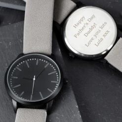 Personalised Mens Matte Black Watch With Grey Strap And Presentation Box