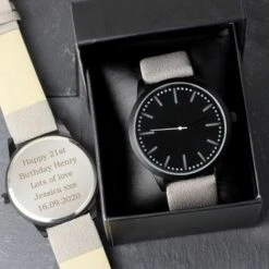 Personalised Mens Matte Black Watch With Grey Strap And Presentation Box -PERSONALISE STORE p0104l48 2