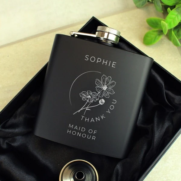 Personalised Monochrome Floral Wedding Party Black Hip Flask 1 Personalised Monochrome Floral Wedding Party Black Hip Flask