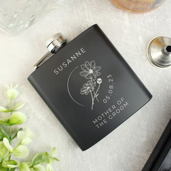 Personalised Monochrome Floral Wedding Party Black Hip Flask 2 Personalised Monochrome Floral Wedding Party Black Hip Flask - Image 2