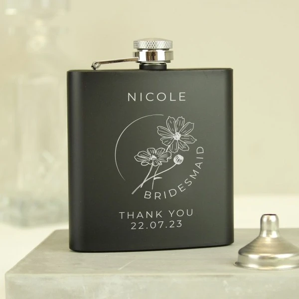 Personalised Monochrome Floral Wedding Party Black Hip Flask 3 Personalised Monochrome Floral Wedding Party Black Hip Flask - Image 3