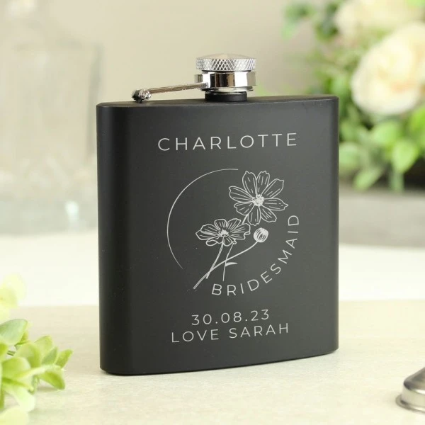 Personalised Monochrome Floral Wedding Party Black Hip Flask 4 Personalised Monochrome Floral Wedding Party Black Hip Flask - Image 4