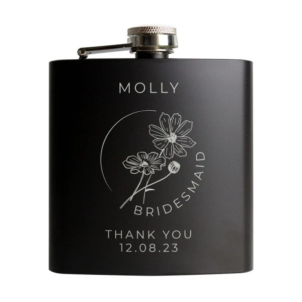 Personalised Monochrome Floral Wedding Party Black Hip Flask 5 Personalised Monochrome Floral Wedding Party Black Hip Flask - Image 5
