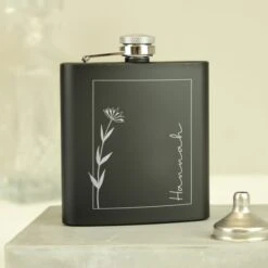 Personalised Monochrome Floral Name Black Hip Flask -PERSONALISE STORE p0104n15 2