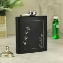 Personalised Monochrome Floral Name Black Hip Flask -PERSONALISE STORE p0104n15 5