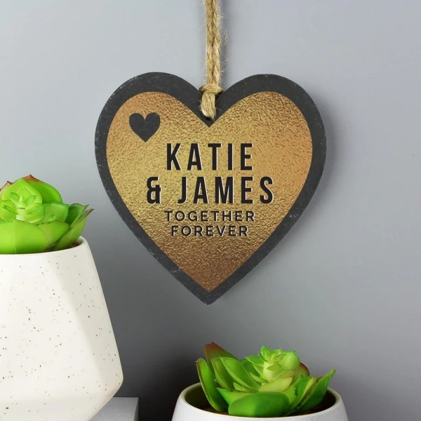Personalised Couples Gold Printed Slate Heart Decoration 1 Personalised Couples Gold Printed Slate Heart Decoration