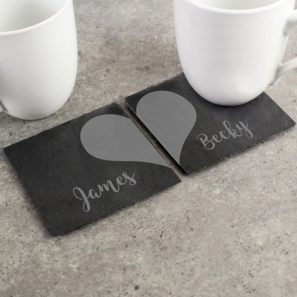 Personalised Two Hearts Slate Coaster Set 1 Personalised Two Hearts Slate Coaster Set