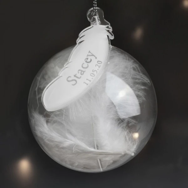 Personalised Name & Date Feather Glass Bauble 3 Personalised Name & Date Feather Glass Bauble - Image 3