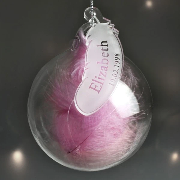 Personalised Name & Date Pink Feather Glass Bauble 1 Personalised Name & Date Pink Feather Glass Bauble
