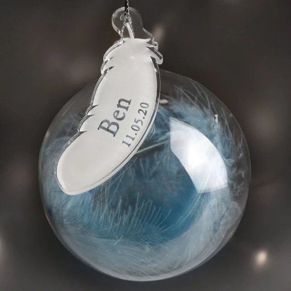 Personalised Name & Date Blue Feather Glass Bauble 1 Personalised Name & Date Blue Feather Glass Bauble