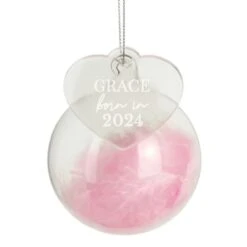 Personalised Born In Pink Feather Glass Bauble With Heart Tag -PERSONALISE STORE p0107g78 2