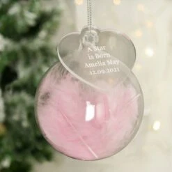 Personalised Free Text Pink Feather Glass Bauble With Heart Tag -PERSONALISE STORE p0107g79 2