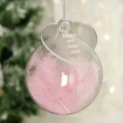 Personalised Free Text Pink Feather Glass Bauble With Heart Tag -PERSONALISE STORE p0107g79 5