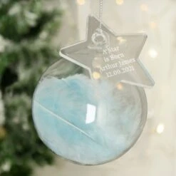 Personalised Free Text Blue Feather Glass Bauble With Star Tag -PERSONALISE STORE p0107g83 3