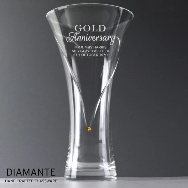 Personalised Gold Anniversary Large Hand Cut Diamante Heart Vase 1 Personalised Gold Anniversary Large Hand Cut Diamante Heart Vase
