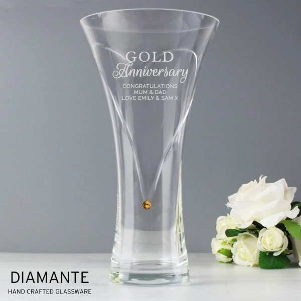 Personalised Gold Anniversary Large Hand Cut Diamante Heart Vase 3 Personalised Gold Anniversary Large Hand Cut Diamante Heart Vase - Image 3