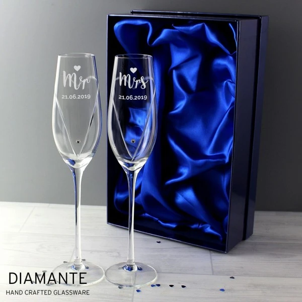 Personalised Hand Cut Mr & Mrs Pair Of Flutes In Gift Box 8 Personalised Hand Cut Mr & Mrs Pair Of Flutes In Gift Box - Image 8