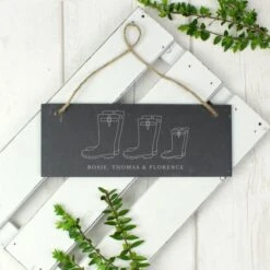 Personalised Welly Boot Family Of Three Hanging Slate Plaque