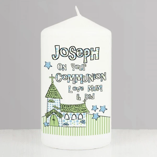Personalised Blue Church Pillar Candle 1 Personalised Blue Church Pillar Candle