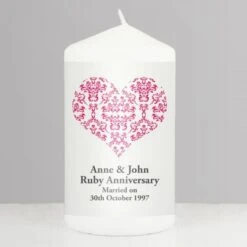 Personalised Ruby Damask Heart Pillar Candle